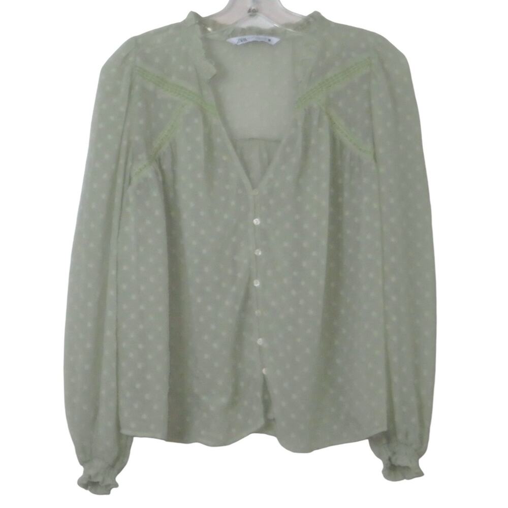 Zara Womens Long Sleeve Top, V-Neck Sheer Blouse XS Green